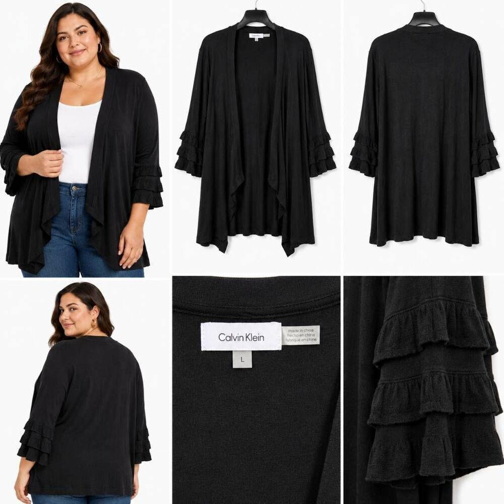 Calvin Klein Black Ruffle Sleeve Cardigan L
